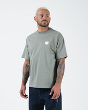 Kingz Kore V2 Tee - Three-Quarter Front View - Crown Logo - Mossy Green 230 GSM Heavyweight BJJ Tee