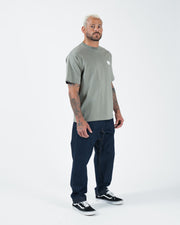 Kingz Kore V2 Tee - Full Body Lifestyle Front View - Mossy Green Heavyweight BJJ Cotton Premium Tee