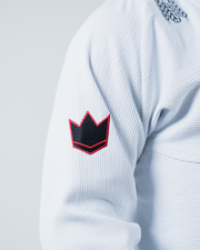 Kingz Ultralight 2.0 BJJ Gi White - Close Up Sleeve Detail Black Crown Logo Red Border Embroidered Patch Pearl Weave Jacket
