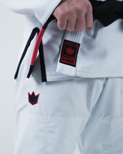 Kingz Ultralight 2.0 BJJ Gi White - Close Up Belt and Pants Hip Detail KINGZ Red Crown Logo Label Patch Red Drawstring Black Belt