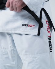 Kingz Ultralight 2.0 BJJ Gi White - Close Up ULTRALIGHT Brand Text Embroidered Black Red Letters Jacket Pants Lapel Detail Ripstop