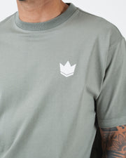 Kingz Kore V2 Tee - Crown Logo Close-Up - White Crown Detail on Mossy Green BJJ Premium Tee