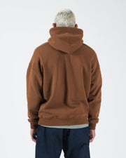Chestnut brown BJJ hoodie back view on adult male model displaying full rear panel and drawstring hood