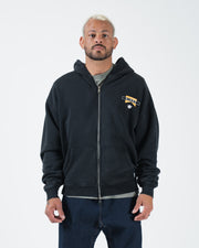 Black BJJ zip up hoodie front view on adult male model showing Kingz flag chest logo and full zipper