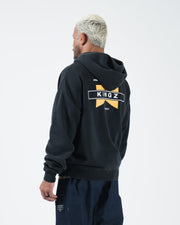 Black BJJ zip up hoodie back three-quarter view on adult male model displaying Kingz flag back graphic