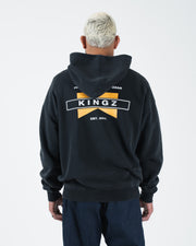 Black BJJ zip up hoodie back view on adult male model showing centered Kingz Est 2011 flag banner print