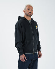 Black BJJ zip up hoodie cropped front view on adult male model with flag logo and full zipper layered look