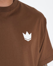 Kingz Kore V2 Tee - Crown Logo Close-Up - White Crown Detail on Brown BJJ Premium Cotton T-Shirt