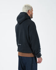 Black BJJ hoodie rear side profile on adult male model showing sleeve graphics and back detail closeup