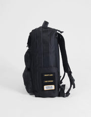 Kingz Tactical Backpack Black - Left Side Profile - All Velcro Patches HEAVY LIES THE CROWN Visible
