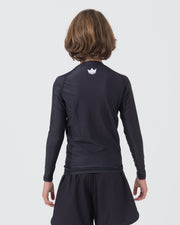 Kingz Kore V2 Youth L/S Rashguard Navy Black - Full Body Back View Teen Boy Athlete Long Sleeve Navy Blue Minimal Design White Crown Logo Upper Back Center Matching Navy Shorts Lightweight Sublimated Kids BJJ [color:Black]