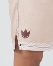 Kingz Flow Performance Series Shorts Blue Cream - Close Up Hip Detail Mauve Rose Crown Badge Left Hip Cream Beige Panel Wavy Zigzag Hem Trim Seam Stitching Detail Men's Grappling Shorts No-Gi BJJ Flow Collection