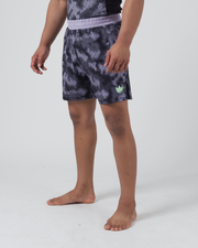 Kingz Viper Hybrid Shorts Black Purple - Full Body Right Side Profile Male Athlete Hexagonal Camo Pattern Sublimated Lavender Elastic Waistband Lime Green Crown Logo Right Thigh Competition Cut Men's Grappling No-Gi BJJ