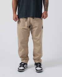 Kingz Casual Rip Stop Gi Pant - Khaki - Full Body Front View Male Athlete Khaki Color Drawstring Waist Black Label Right Thigh Relaxed Fit Durable Fabric BJJ Gi Training [color:Khaki]
