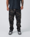 Kingz Casual Rip Stop Gi Pants - Camo - Front View Male Athlete Dark Camo Pattern Rip Stop Fabric Subtle Logo Right Thigh Relaxed Fit BJJ Gi Training Apparel [color:Dark/Camo]