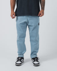 Kingz Casual Gi Pant Light Denim - Front View Male Athlete Light Denim Color Black Label Patch Right Thigh Relaxed Fit BJJ Gi Training [color:Light Denim]