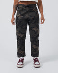 Kingz Casual Rip Stop Gi Pant Dark/Camo - Front View Female Athlete Camo Pattern Drawstring Waist Subtle Logo Right Thigh Durable Rip Stop Fabric BJJ Gi Training [color:Dark/Camo]
