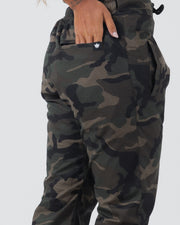Kingz Casual Rip Stop Gi Pant Dark/Camo - Close-Up Side View Female Model Camo Pattern Elastic Waistband Crown Badge Pocket Detail Durable Fabric BJJ Gi Training [color:Dark/Camo]