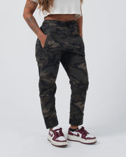Kingz Casual Rip Stop Gi Pant - Camo - Front View Female Athlete Dark Camo Pattern Drawstring Waist Relaxed Fit Durable Fabric BJJ Gi Training Pants [color:Dark/Camo]