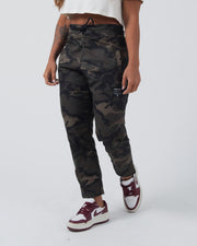 Kingz Casual Rip Stop Gi Pant - Dark Camo - Front View Female Athlete Camouflage Pattern Black Drawstring Waist Kingz Patch Left Thigh Relaxed Fit BJJ Training Gi [color:Dark/Camo]