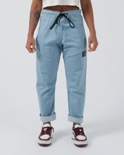 Kingz Casual Gi Pant Light Denim - Front View Athlete Rolled Cuffs Black Drawstring Waist Black Label Patch Left Thigh Relaxed Fit BJJ Gi Training [color:Light Denim]