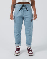 Kingz Casual Gi Pant Light Denim - Front View Athlete Rolled Cuffs Black Drawstring Waist Black Label Patch Left Thigh Relaxed Fit BJJ Gi Training [color:Light Denim]