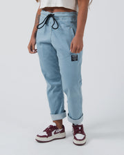 Kingz Casual Gi Pant Light Denim - Front View Female Athlete Rolled Cuffs Black Drawstring Waist Kingz Patch Left Thigh Relaxed Fit BJJ Gi Training [color:Light Denim]