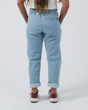 Kingz Casual Gi Pant Light Denim - Back View Female Athlete Elastic Waistband Rolled Cuffs Light Denim Color Rear Pocket Detail Comfortable Fit BJJ Gi Training Apparel [color:Light Denim]
