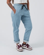 Kingz Casual Gi Pant Light Denim - Front View Female Athlete Rolled Cuffs Black Drawstring Waist Relaxed Fit Light Denim Casual Style BJJ Gi Training [color:Light Denim]