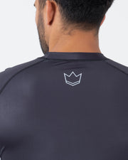 Kingz Ranked Performance V2 S/S Rashguard Dark Charcoal White - Upper Body Back Close Up White Outline Crown Logo Center Back Dark Charcoal Body Short Sleeve Collar Detail Sublimated Performance Fabric BJJ IBJJF Competition