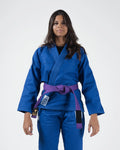 Kingz Classic 3.0 Women's BJJ Gi Blue - Upper Body Front View Female Athlete Purple Belt Crown Badge Logo 450gsm Pearl Weave Plus