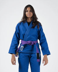 Kingz Classic 3.0 Women's BJJ Gi Blue - Upper Body Front View Female Athlete Purple Belt Crown Badge Logo 450gsm Pearl Weave Plus