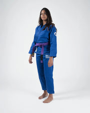 Kingz Classic 3.0 Women's BJJ Gi Blue - Full Body Front View Female Athlete Purple Belt Crown Badge Logo Complete Gi Women's