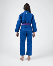 Kingz Classic 3.0 Women's BJJ Gi Blue - Full Body Back View Female Athlete Purple Belt Crown Logo Upper Back Women's Slim Cut