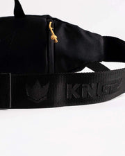 Kingz Cross Body Bag Black - KINGZ Strap Detail Close-Up - Crown Logo Embossed Belt Gold Zipper BJJ Bag