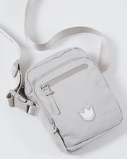 Kingz Side Bag Cream - Top Down Close-Up - Zipper Pockets Crown Logo Badge Buckle Hardware BJJ Bag