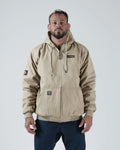 Kingz Canvas Jacket Tan - Full Body Front View Male Athlete Tan Canvas Material KINGZ Chest Patch Black Arm Badge Ribbed Cuffs Hem Streetwear Casual Urban Style [color:Black]