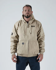 Kingz Canvas Jacket Tan - Full Body Front View Male Athlete Tan Canvas Material KINGZ Chest Patch Black Arm Badge Ribbed Cuffs Hem Streetwear Casual Urban Style [color:Black]
