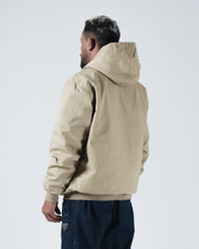 Kingz Canvas Jacket Tan - Back View Male Model Hooded Design Tan Color Ribbed Hem Streetwear [color:Tan]