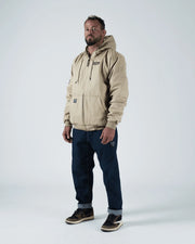 Kingz Canvas Jacket Desert - Full Body Front View Male Athlete Hooded Design KINGZ Chest Logo Ribbed Cuffs Hem Streetwear Casual Apparel [color:Desert]