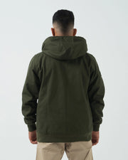 Kingz Canvas Jacket Military Green - Back View Male Model Hooded Design Solid Color Streetwear Casual Fit [color:Military Green]