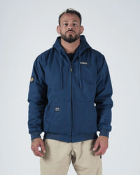 Kingz Canvas Jacket Navy Blue - Full Body Front View Male Athlete Hooded Design KINGZ Chest Text Crown Badge Left Sleeve Ribbed Cuffs and Hem Streetwear Casual BJJ Training [color:Navy Blue]