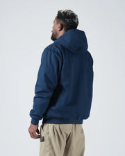 Kingz Canvas Jacket Navy Blue - Back View Male Model Hooded Design Ribbed Hem and Cuffs Solid Color Streetwear Casual Fit [color:Navy Blue]