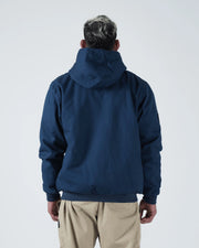 Kingz Canvas Jacket Navy Blue - Back View Male Model Hooded Design Solid Color Elastic Hem Streetwear [color:Navy Blue]