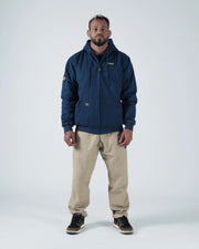 Kingz Canvas Jacket Navy Blue - Full Body Front View Male Athlete Hooded Design KINGZ Chest Logo Sleeve Badge Casual Fit Streetwear [color:Navy Blue]