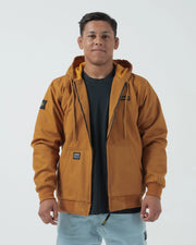 Kingz Canvas Jacket Desert - Front View Male Athlete Hooded Design Black KINGZ Text Chest Patch Pocket Streetwear [color:Desert]