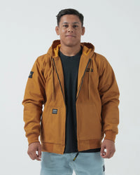 Kingz Canvas Jacket Desert - Front View Male Athlete Hooded Design Black KINGZ Text Chest Patch Pocket Streetwear [color:Desert]