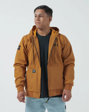 Kingz Canvas Jacket Desert - Front View Male Model Hoodie Design Black KINGZ Chest Patch Front Pockets Streetwear Casual Fit [color:Desert]