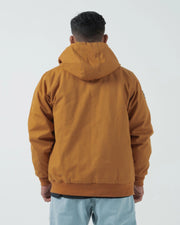 Kingz Canvas Jacket Desert - Back View Male Model Hooded Design Solid Desert Color Ribbed Hem and Cuffs Streetwear [color:Desert]