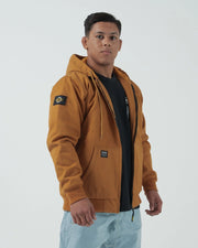 Kingz Canvas Jacket Desert - Front View Male Athlete Desert Color Hooded Jacket Black Chest Logo Patch Sleeve Badge Streetwear Casual Style [color:Desert]